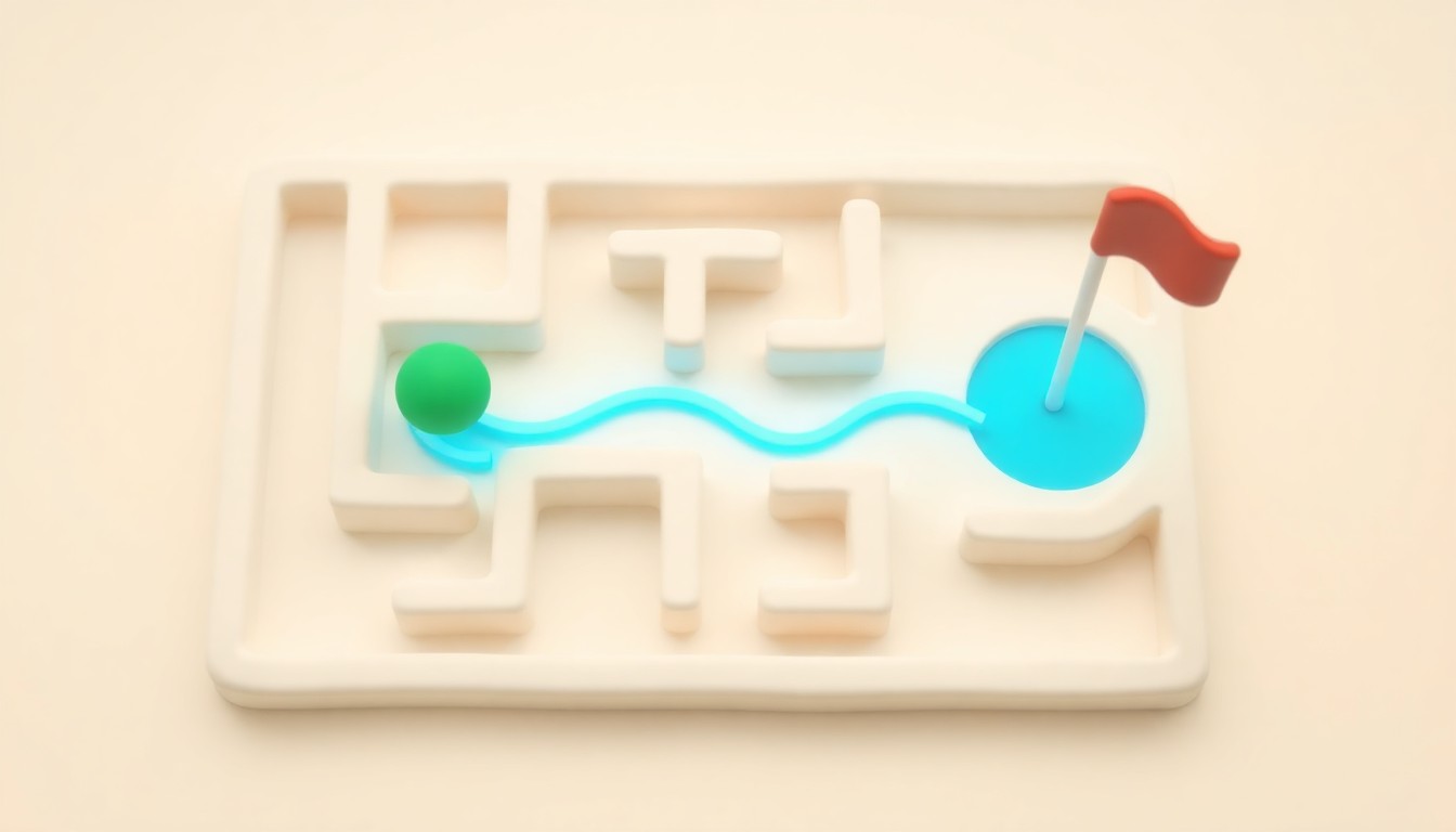 Grid maze with pathfinding visualization in 3D clay style