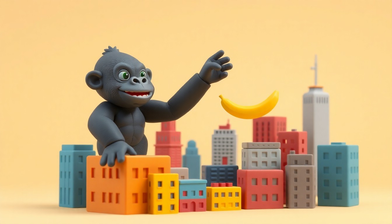 Two gorillas on city buildings throwing bananas in 3D clay style